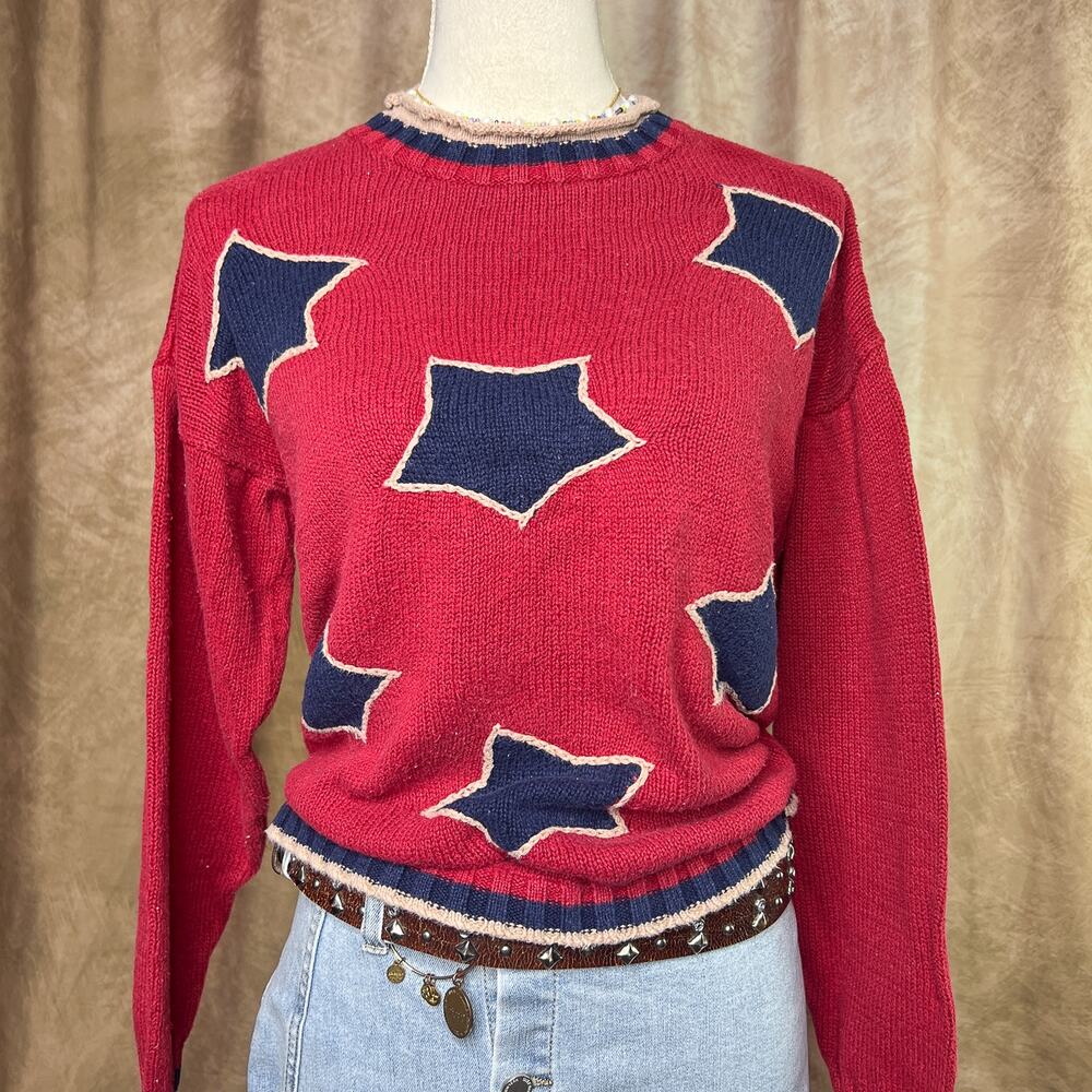 Vintage 90s Patchwork Star Embroidered Sweater Knit Red Long Sleeve Americana